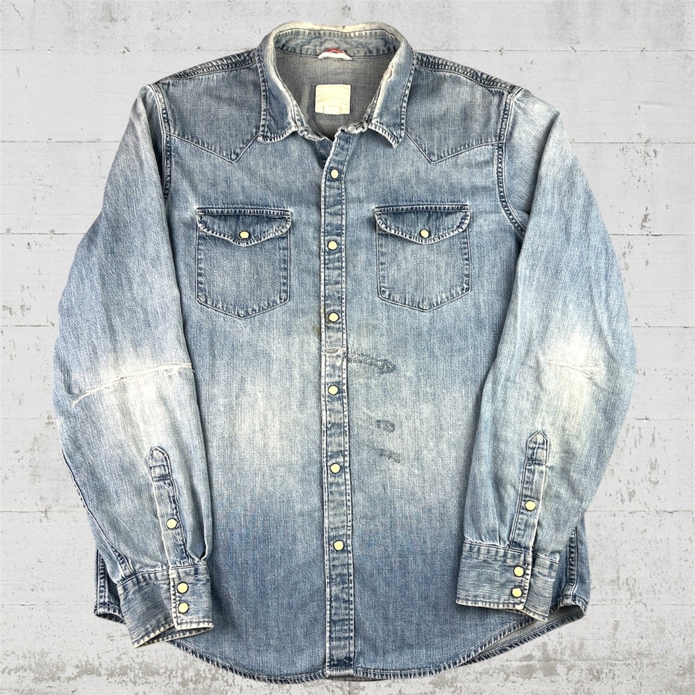 American Eagle Western Heritage Denim Shirt Mens XL Blue Pearl Snap Distressed